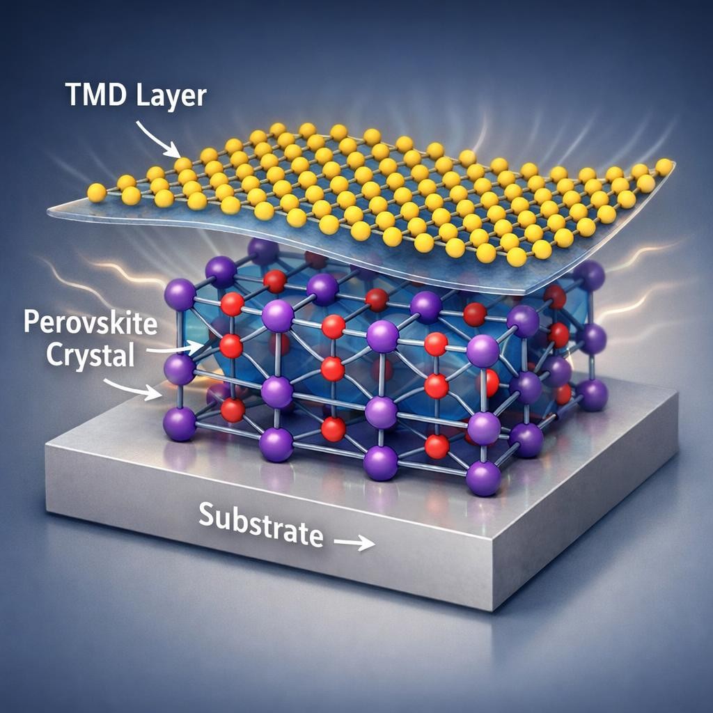 TMD layer above perovskite crystal lattice on substrate